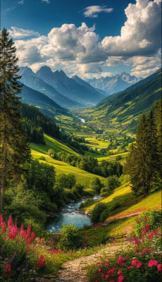 AI-generated mountain valley landscape with wildflowers