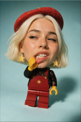 AI-generated LEGO-style figurine with photorealistic portrait of an unidentified woman