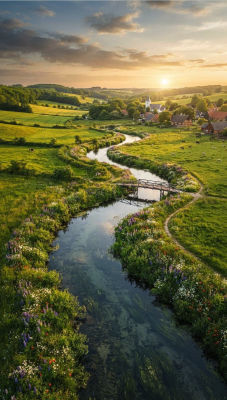 AI-generated pastoral countryside landscape with village and river at sunset