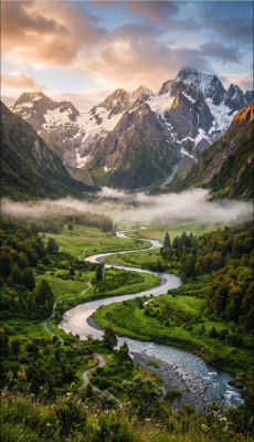 AI-generated mountain valley landscape with snow-capped peaks and winding river