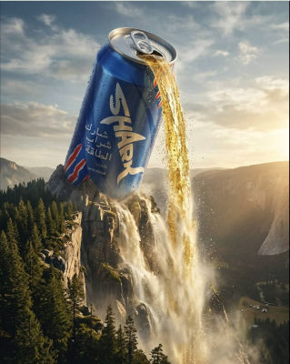 AI-generated image of an Arabic-branded soda can pouring over a mountain