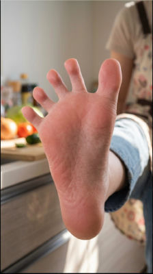 AI-generated image of a person holding a distorted foot in a kitchen
