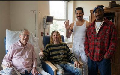 Deepfake of Mitch McConnell, Kurt Cobain, Freddie Mercury, and Tupac Shakur in a hospital room
