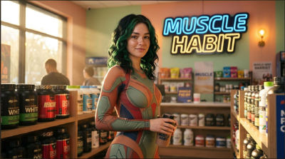 AI-generated image of a woman at a Muscle Habit supplement shop