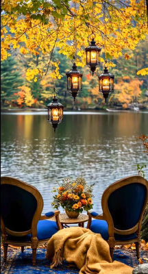 AI-generated autumn lakeside scene with hanging lanterns and blue velvet chairs