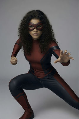 Deepfake of Zendaya in a Spider-Woman style superhero costume