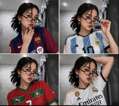 AI-generated image of a young woman in four soccer jerseys