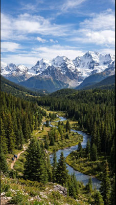 AI-generated mountain landscape with hikers in a forested valley