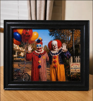 AI-generated framed print of two Pennywise-style clowns with 'They All Float' balloons