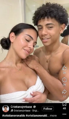 Deepfake of Georgina Rodríguez with Cristiano Ronaldo Jr. in a bathroom selfie-style clip