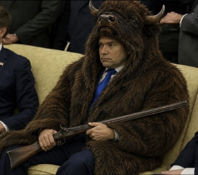 AI-generated image of Marco Rubio in a buffalo costume holding a rifle