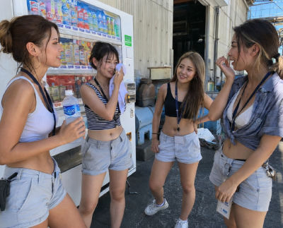 AI-generated image of woman and three other women at a vending machine