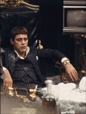 AI-generated image of Jim Carrey in pinstripe suit at a table with powder