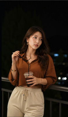 AI-generated portrait of a young woman at a nighttime balcony