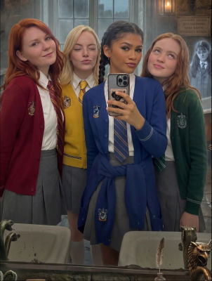 AI-generated image of Kirsten Dunst, Sadie Sink, Zendaya, and Emma Stone in Hogwarts-style school uniforms
