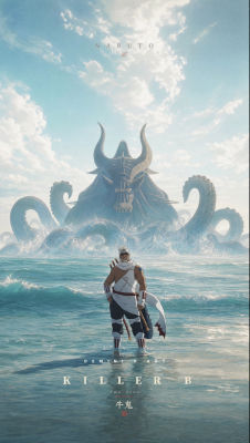 AI-generated illustration of Naruto's Killer B facing a giant sea monster