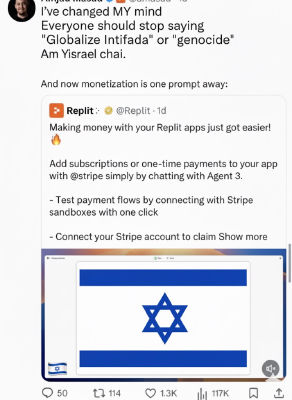 AI-generated fake tweet of Amjad Masad with Replit quote and Israeli flag image