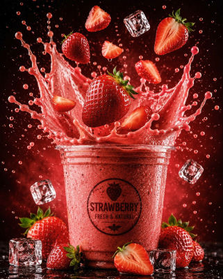 AI-generated strawberry smoothie splash with 'Strawberry Fresh & Natural' cup logo
