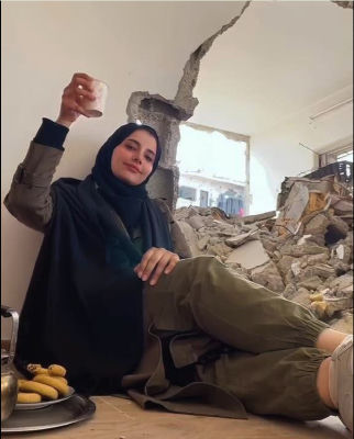 AI-generated image of a woman in a hijab posing amid building rubble