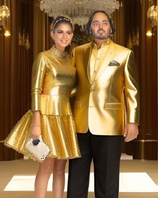 AI-generated image of Anant Ambani and a woman in matching gold outfits