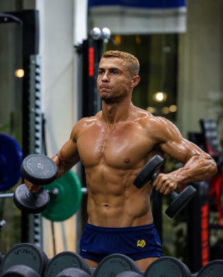 AI-generated image of Cristiano Ronaldo lifting dumbbells in a gym