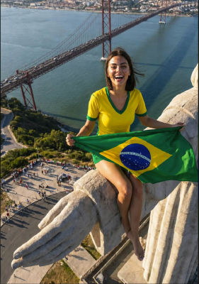 AI-generated image of a woman with a Brazilian flag at Lisbon's Cristo Rei statue