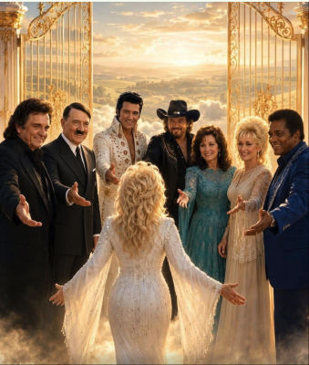 AI-generated scene resembling Charley Pride, Adolf Hitler, Meryl Streep, Thomas Anders, and Waylon Jennings at heaven's gates