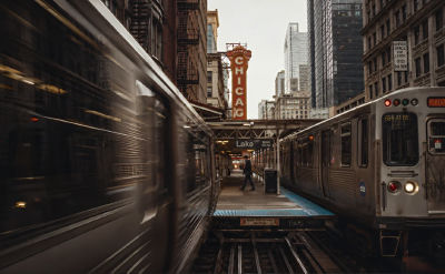 AI-generated image of the Chicago Theatre and Lake 'L' station platform