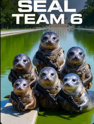 AI-generated 'SEAL TEAM 6' movie poster featuring armed anthropomorphic seals