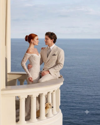 AI-generated image resembling Tom Holland in a wedding scene by the sea with Sadie Sink