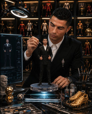 AI-generated image of Cristiano Ronaldo inspecting a CR7 figurine in a studio