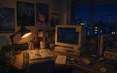 AI-generated retro Japanese bedroom illustration with NEC PC-98 and Gundam
