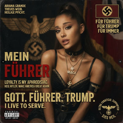 AI-generated propaganda-style cover featuring a likeness of Ariana Grande