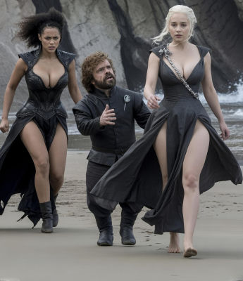 Deepfake of Peter Dinklage, Emilia Clarke, and Nathalie Emmanuel on a beach from Game of Thrones