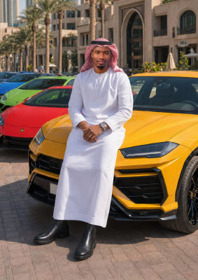 AI-generated image of a man in traditional Gulf attire beside a yellow Lamborghini Urus
