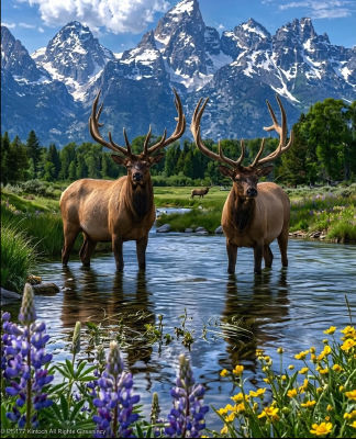 AI-generated image of two bull elk wading in a mountain river