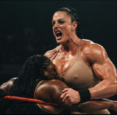 AI-generated image of women wrestling in a ring