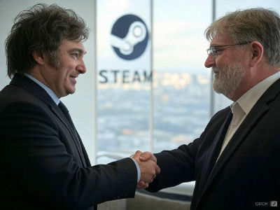 AI-generated image of Javier Milei and Bernt Hagtvet shaking hands in front of Steam logo