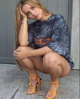 AI-generated image of Ana de Armas in a tie-dye t-shirt and orange heels