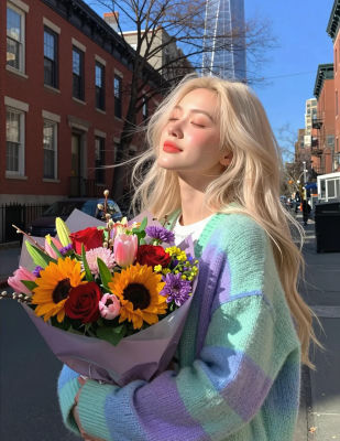 AI-generated image of a woman holding flowers on a city street