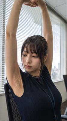 AI generated image of a woman stretching in an office