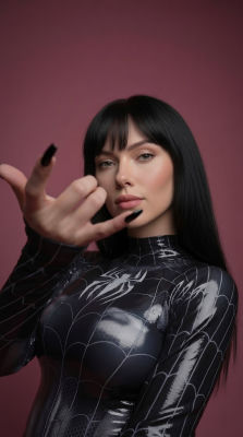 AI-generated image of Scarlett Johansson in a black Spider-Man bodysuit
