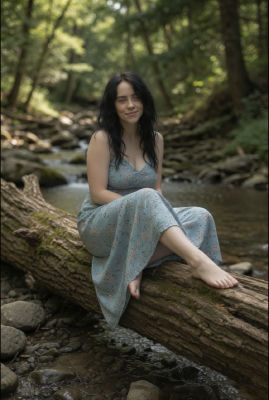 Deepfake of Billie Eilish posed on a log by a forest stream