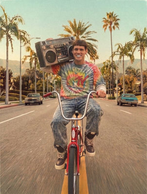 AI-generated image of Jim Carrey riding a bicycle with a boombox