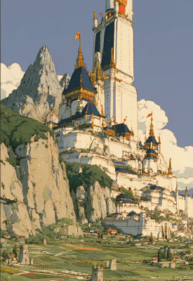 AI-generated anime-style fantasy castle on a mountainside