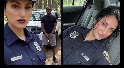 AI image detected of a person resembling a police officer with Terron Armstead detained in the background, meme format