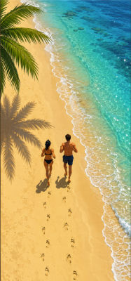 AI-generated aerial view of two people walking along a tropical beach