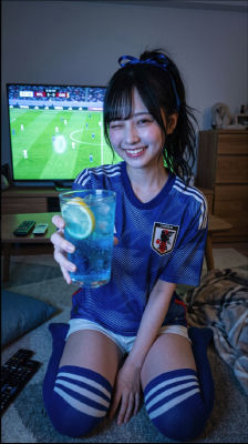 Deepfake of Sae Murase in Japan football jersey watching a match at home