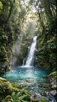 AI-generated image of a forest waterfall cascading into a turquoise pool