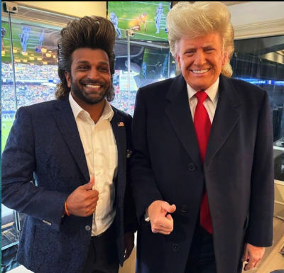 Deepfake of Kash Patel and Donald Trump posing together at a football game